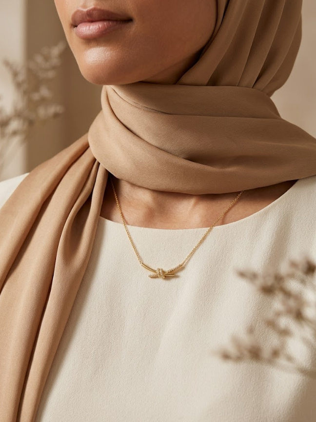 Femme portant le collier Nœud d'Or avec hijab beige et blouse crème