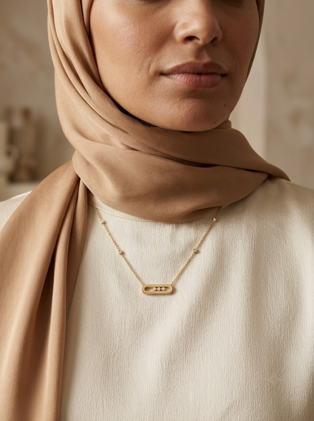 Femme portant le collier Éclat Mouvant sur tenue crème et hijab beige